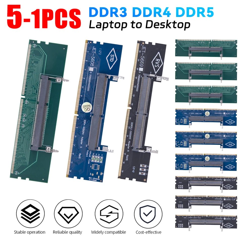 5-1pcs DDR3 DDR4 DDR5 NAPLATÝ KARTA KARTA Pamäťového adaptéra SO-DIMM na PC DIMM CARD DDR3 DDR4 DDR5 Pamäťový konektorový adaptér RAM pamäte RAM