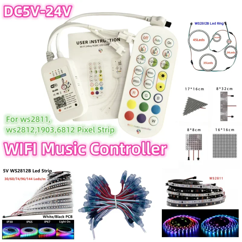5-24V TUYA WiFi Pixel Controller pre WS2811 WS2812B Adreation LED Strip Pixel Modul Light Smart Alexa Google Music Controller