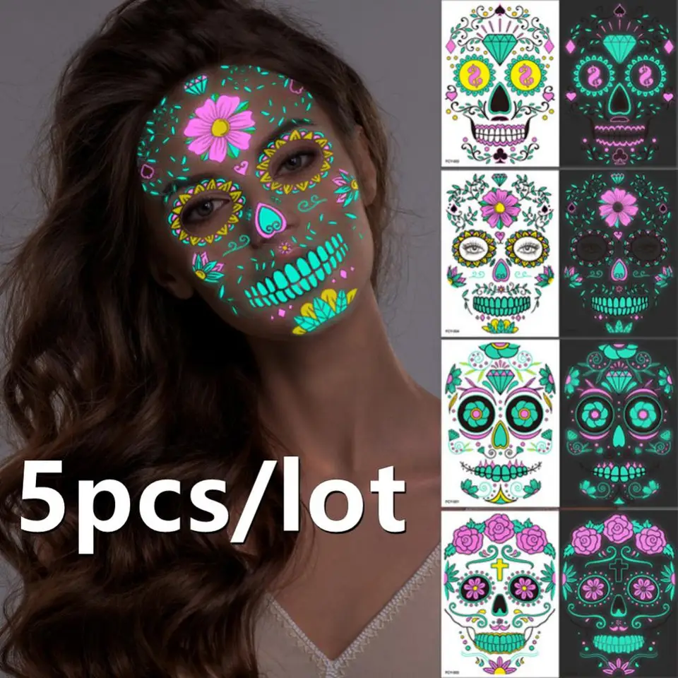 5/4ks Halloween Dočasné tetovanie Deň mŕtvej nálepky Súprava Svetlá skeleónka Sugar Suget Lubel Halloween make -up tetovania