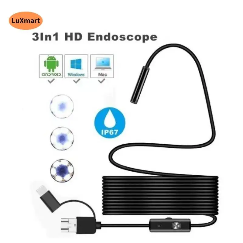 5,5 mm /7 mm 3 in 1 endoskop USB Flexibilné auta Inspection Inspection Borescope Camera so 6 LED svetlami Podporuje PC s Androidom typu C Android