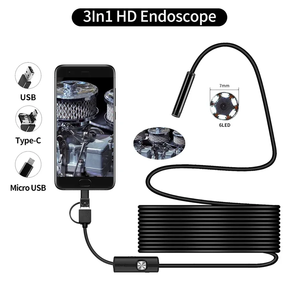 5,5 mm kanalizačný priemyselný endoskop potrubia Endoskopia typu C Flexibilná hadí kamera 3 v 1 automobilový boreskop pre Android