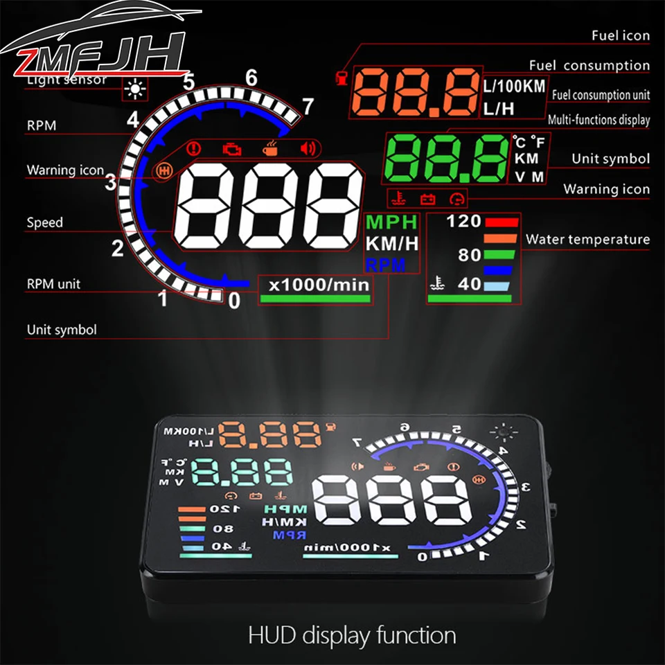 5,5 '' OBD CAR HEAD UP DISPIZ A8 Projektor rýchlosti čelného skla pre rýchlostné teploty vodovodnej teploty RPM napätie digitálneho rýchlomeru