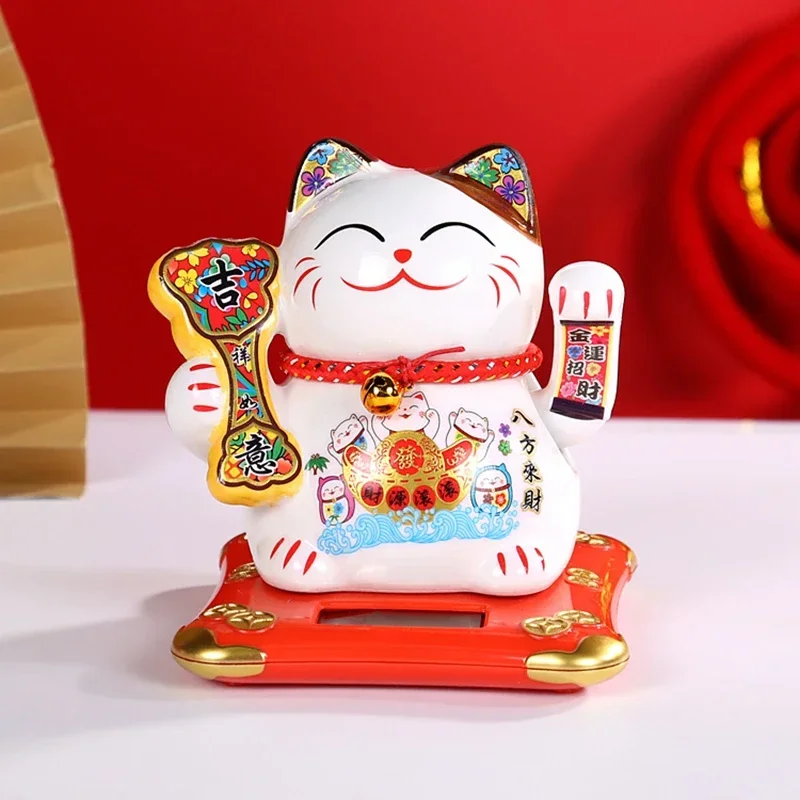 5,5 palca keramické Maneki Neko socha solárne napájanie mačiek máva ruka šťastná mačka ornament