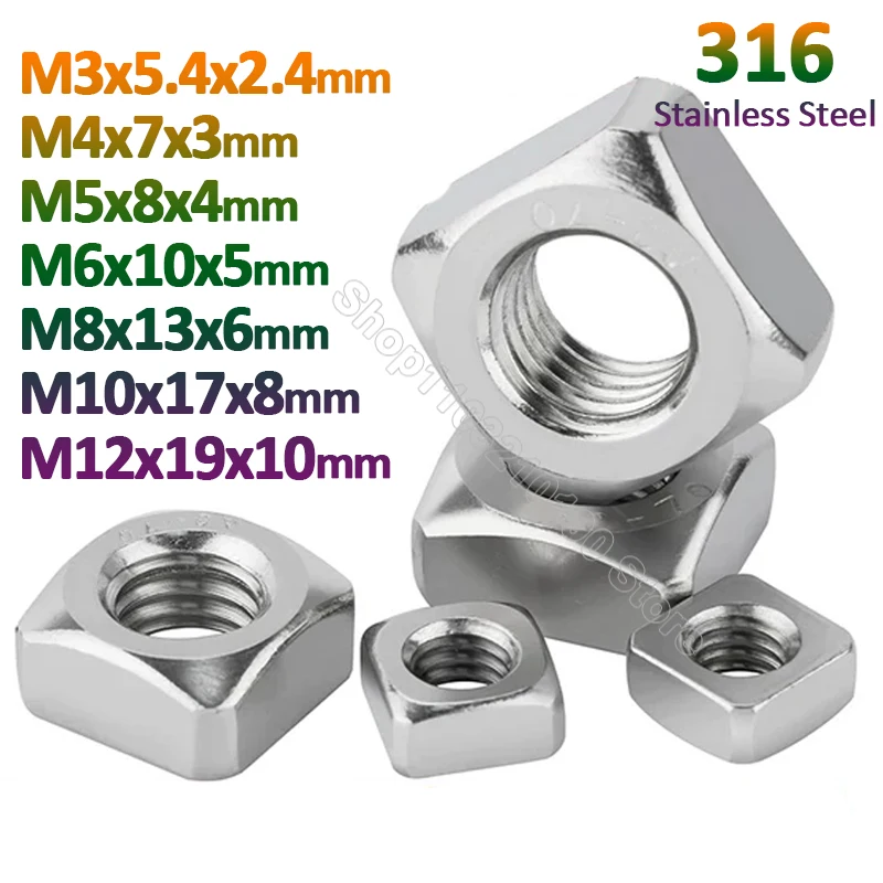 5-50ks m3 m4 m5 m8 m8 m10 M12 316 A4 Nerezová oceľ štvorcová orech