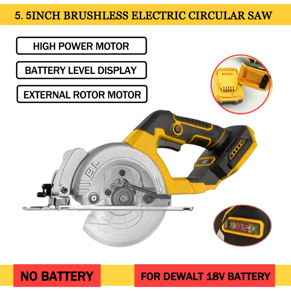 5.5in Elektrický kruhový píla bez kefky bez vonkajšieho rotora bezdrôtového vysokého výkonu dreveného spracovania drevných nástrojov Fit dewalt 18V batéria