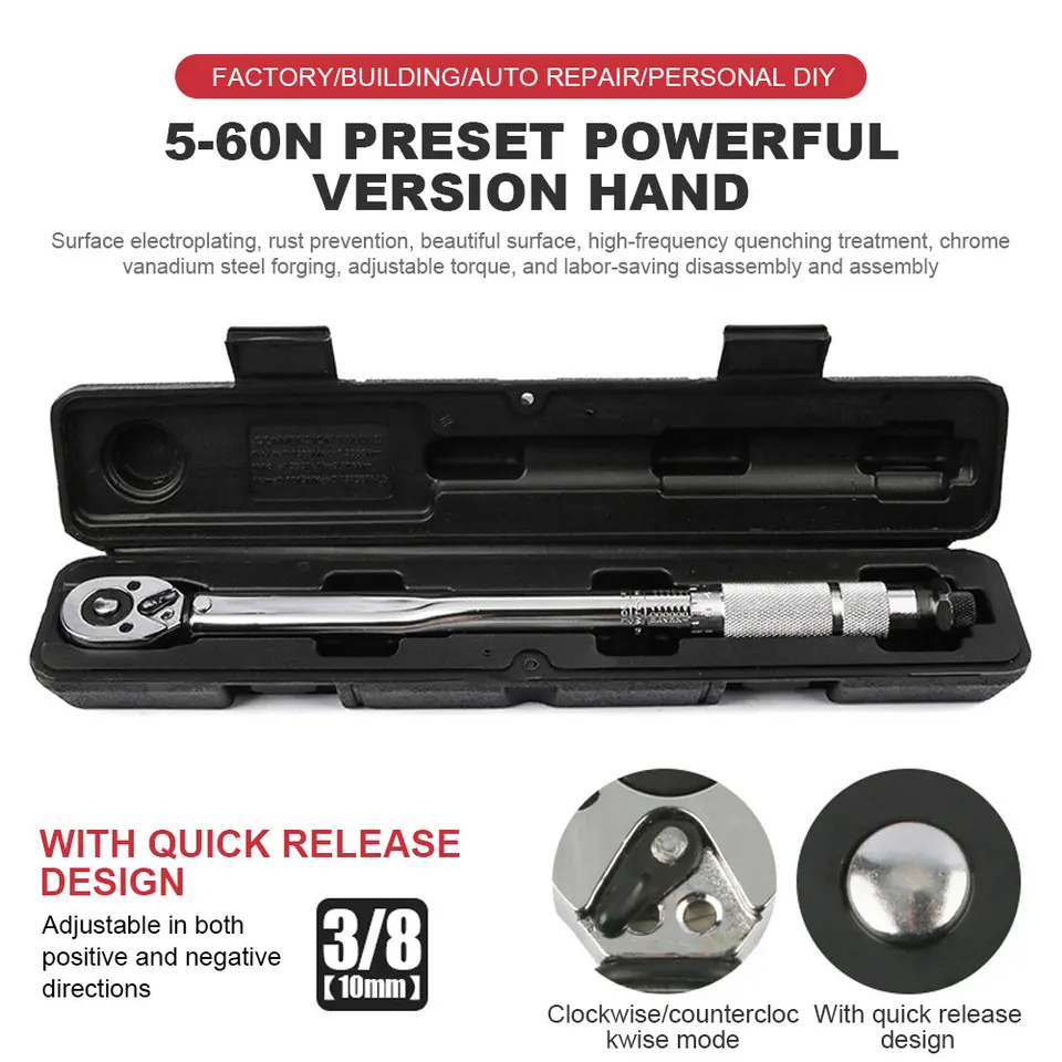 5-60n.m momentový kľúč 3/8 palca Oversable Ratchet Key Square Drive Ratchet Socket Spanner Precízne predvolené automatické opravy nástrojov