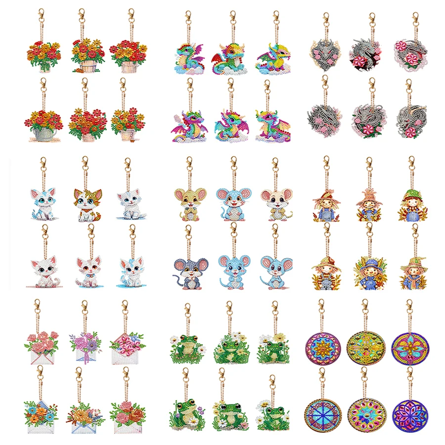 5/6ks diamantové maľba Art Keychains Plné vŕtanie Klávesové kľúče Motýľ sova s ​​obojstranným príveskom kamienok Nápol