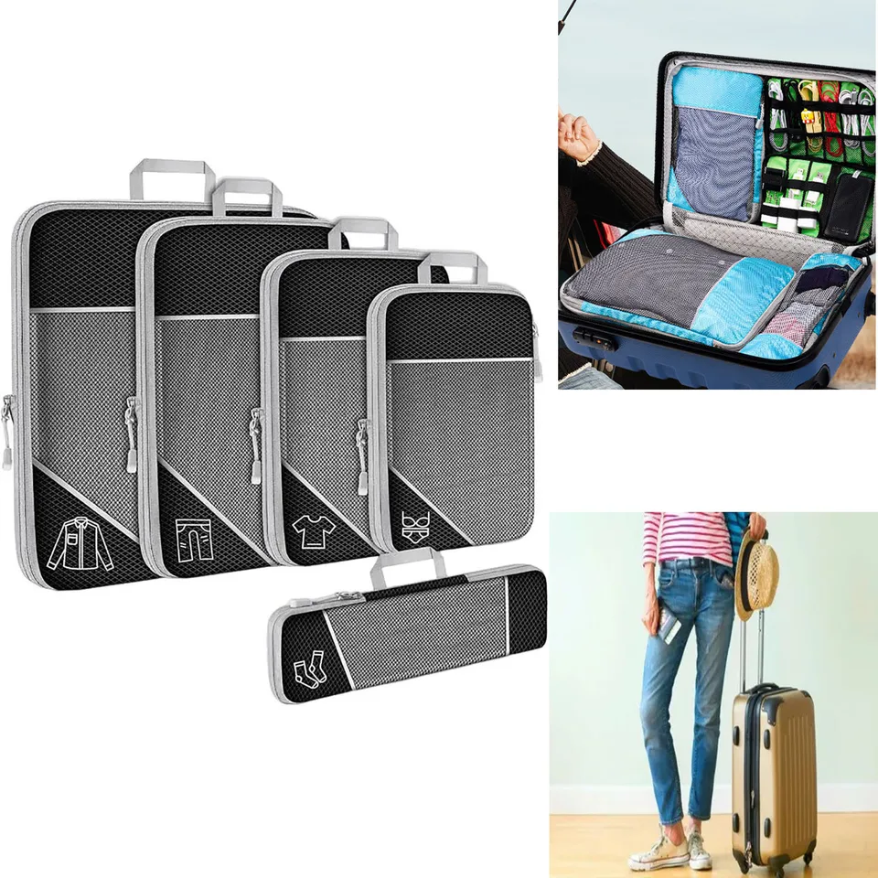 5 balení rozšíriteľné kompresné kocky, ľahké komprimovateľné organizátor cestovného balenie, kocky s obalom siete s dvojitým zipsom
