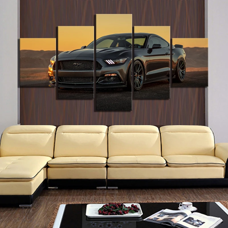 5 -dielny HD Luxusný auto Obrázok Čierny Ford Mustang CAR Plagát Dekoratívne maľby krajina nástenné umenie plátno