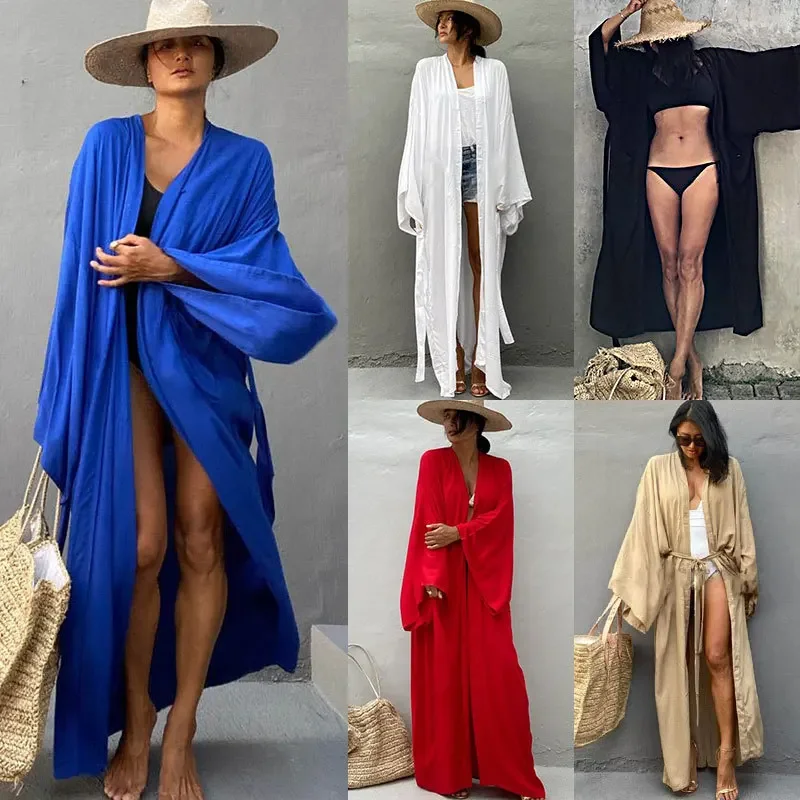 5 farieb masívne bikiny zakrývky dlhé kimono sexy opaskové letné obaly Dámske pláž nosiť kryt Cardigan Robe de Plage