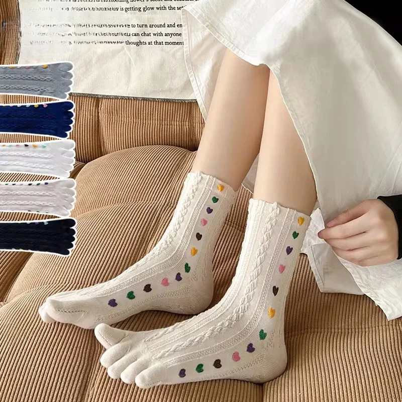 5 Finger ponožky Ženy dievča bavlna 3D Jacquard Vintage Cute Love Farebná mäkká elastická elastická potenie, ktorá absorbuje špičku Šťastné ponožky 4 sezóny
