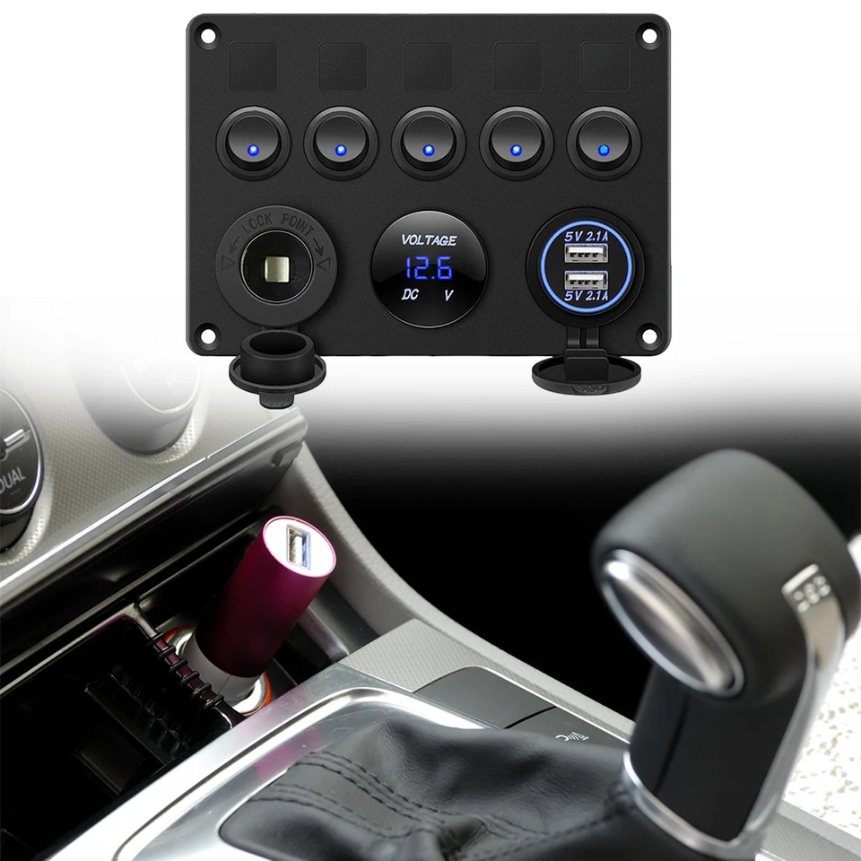 5 Gang 12V/24 V Inline Fuse Box Switch Panel Panel Dual USB Námorný spínač s digitálnym voltmeterom pre automobilové nákladné auto Camper