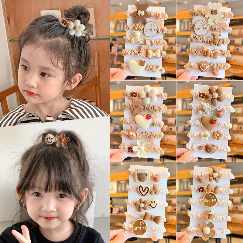 5 ks/súpravy Deti roztomilé mäkké mlieko Káva Farba kvetinového medveďa scrunchies gumové elastické vlasové pásy dievčatá Sweet Kid Hair doplnky