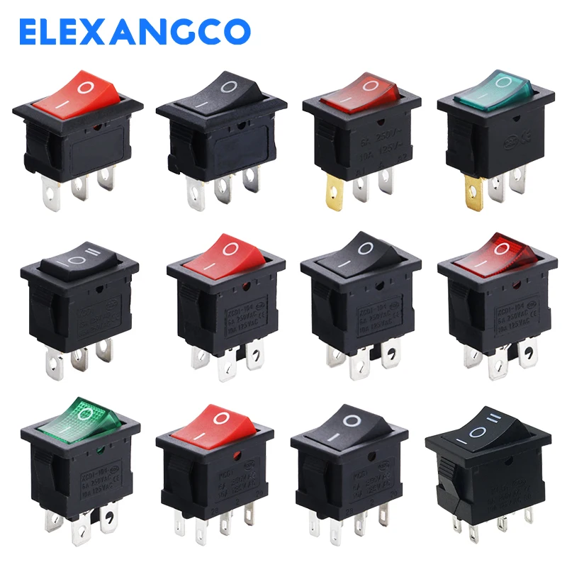 5 ks/šarže 12modelky KCD1 Series 21*15 mm 3/4/6pin Spínačy lodných automobilov 6a/250VAC 10A/125V AC s vypínačom červenej zelenej lampy