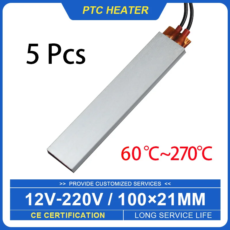 5 kusov 100*21 mm 60 ° C ~ 270 ° C termostatická keramika PTC Vykurovací list hliníkový škrupinový ohrievací doskový ohrievací ohrievací príslušenstvo 12V ~ 220V