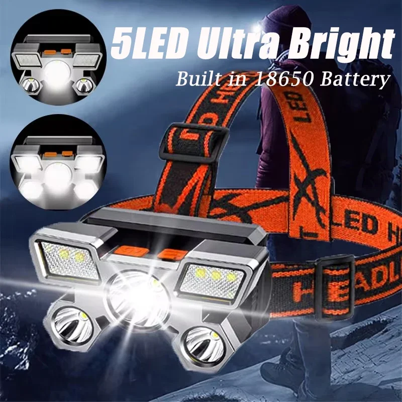 5 LED baterka nabíjateľná so vstavanou v roku 18650 BATTERICKÁ SILNÁ SVETLÁ KAMPING ADVENTURE Rybárska hlava svetlo svetlo svetla