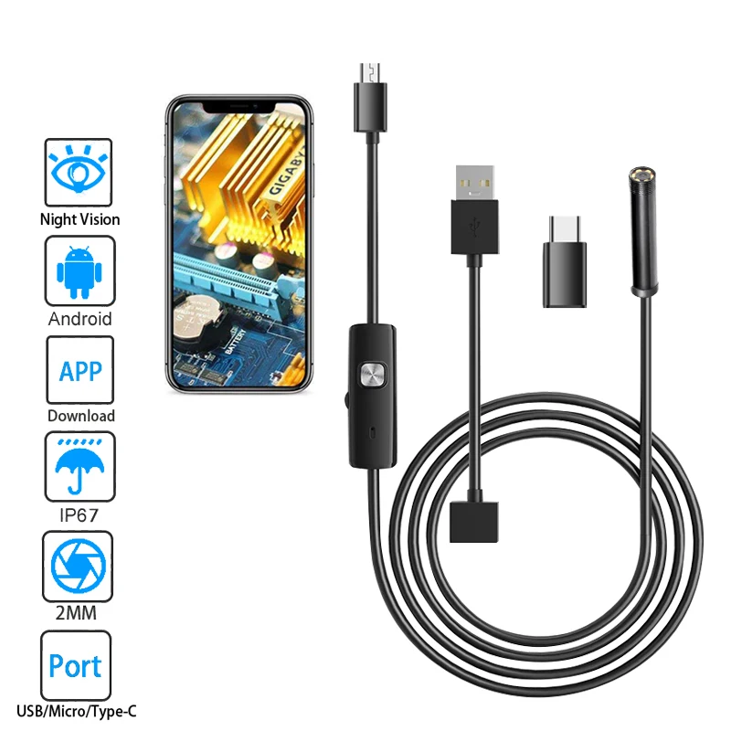 5 mm kanalizačný priemyselný endoskop Potrubie Endoskopia typu C Flexibilná mini kamera 3 v 1 automobilový boreskop pre Android