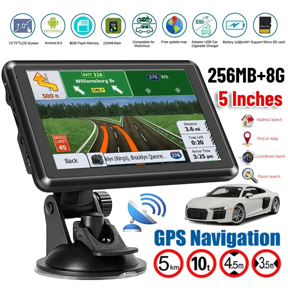 5 -palcový automobil GPS Navigation FM vysielač Sat Nav 256 MB+8G Prenosný navigátor Mini USB TF eu AU North America Mapa Alar