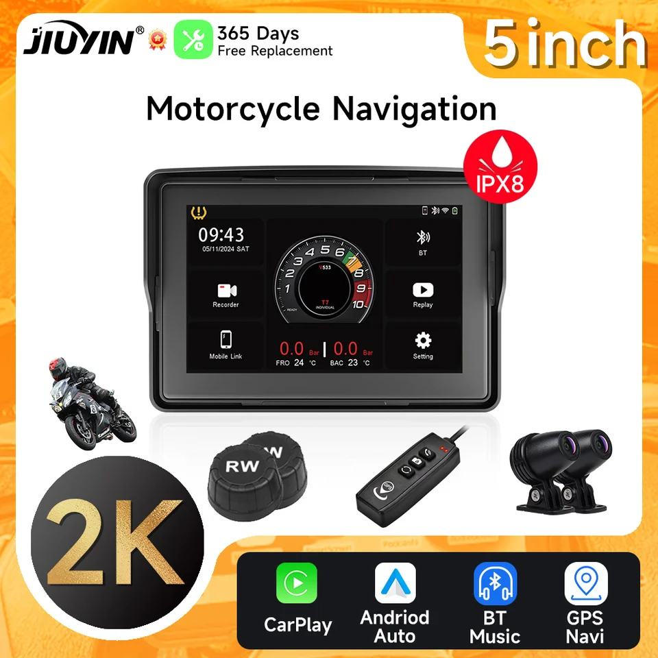5 -palcový motocykel DVR GPS navigátor 2K Dash Cam Wireless CarPlay Android Auto IPX8 nepremokavý predný zadný fotoaparát Bluetooth