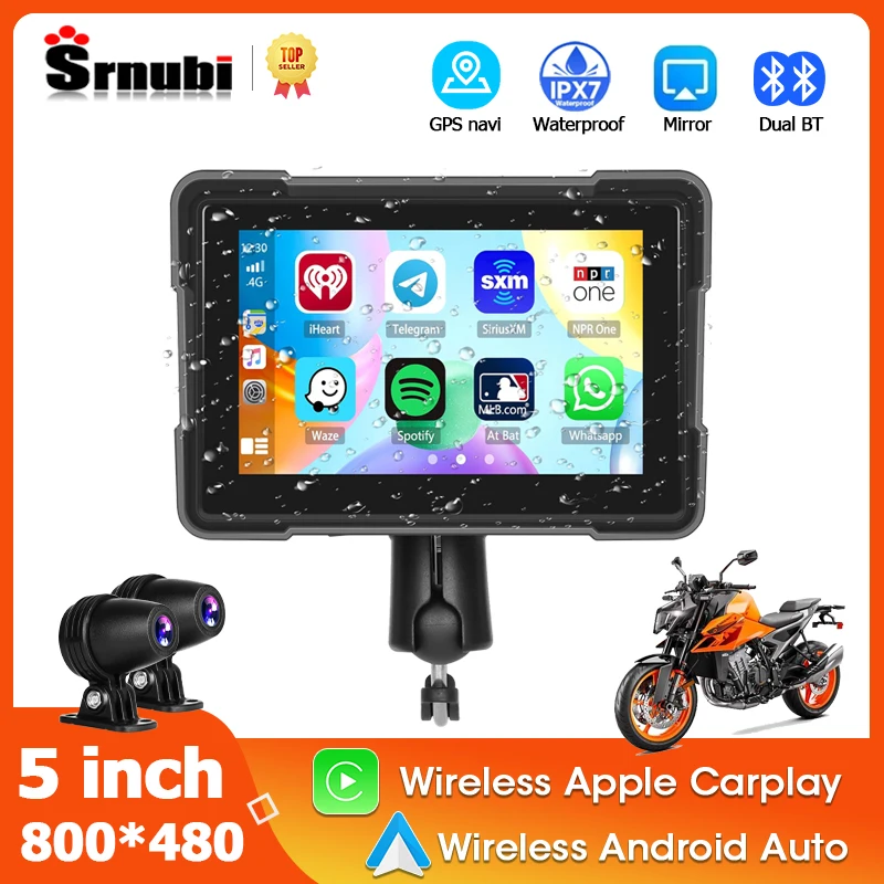 5 -palcový prenosný Mortorcycle Wireless Apple CarPlay Android Auto 1080p Dual Camera Mirror Link Siri Google Voice Bluetooth Moto