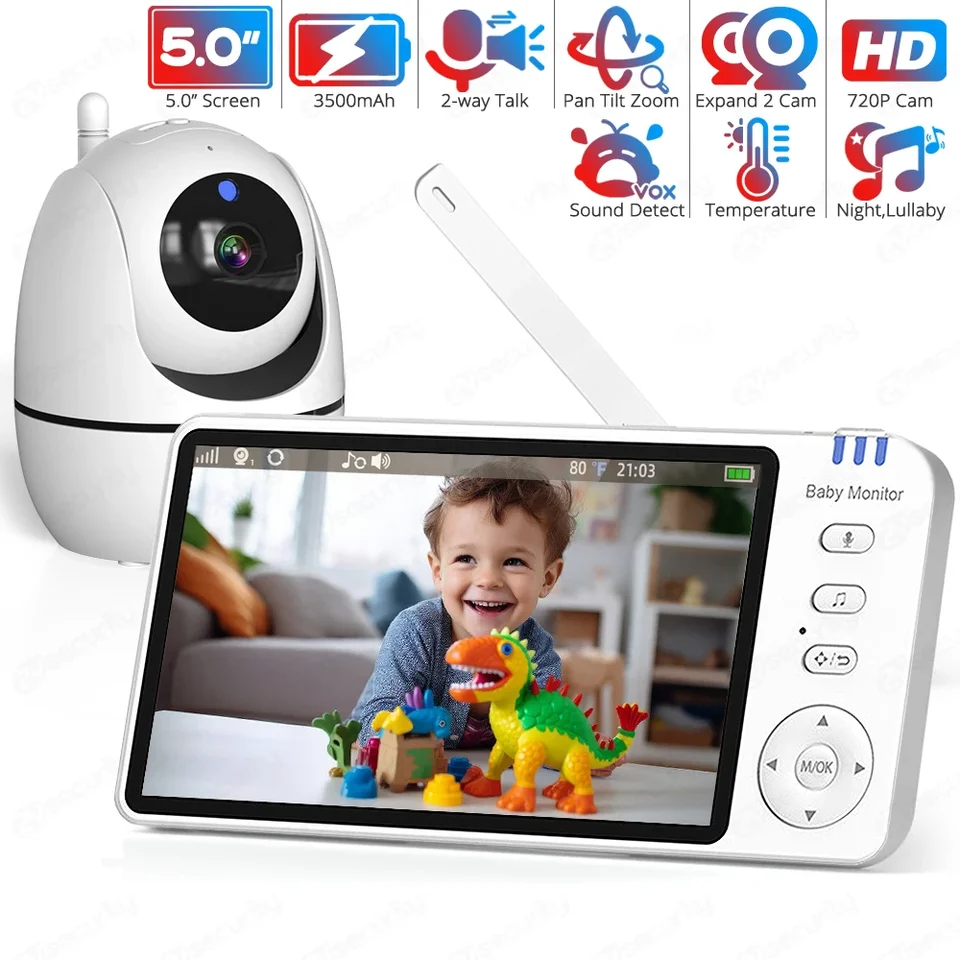 5-palcový video detský monitor s náklonom Pank Zoom Babyphone Camera Bebe Monitors
