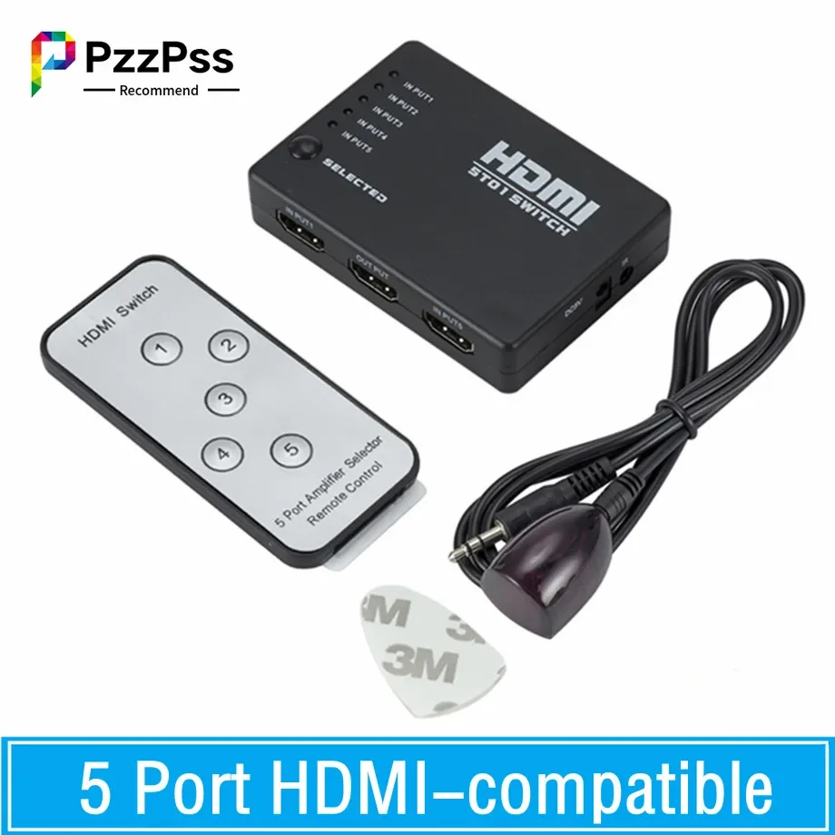 5 Port HDMI-kompatibilný prepínač 1080p selektorový rozbočovač s diaľkovým radičom IR pre DVD box HDTV DVD HDMI Switcher 5 v 1 out
