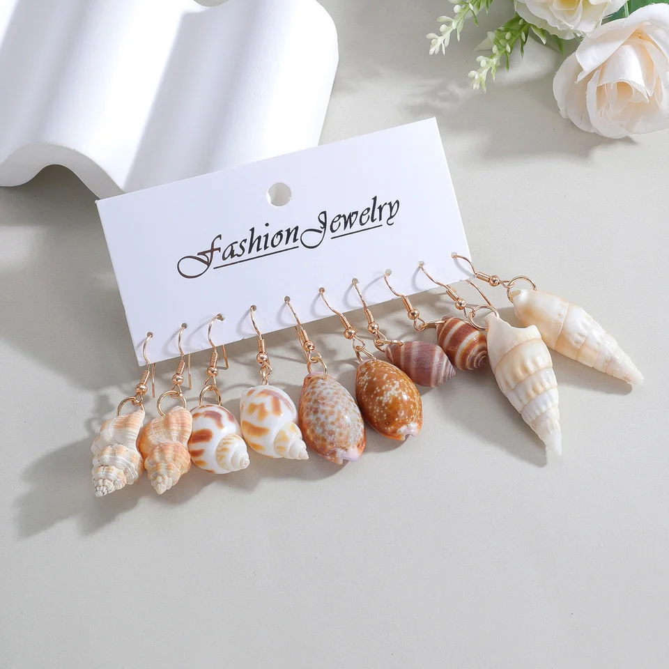 5 párov dovolenkovej pláže v štýle Conch Shell slimák slimák slimák slimák na kartu sada dámskych náušníc