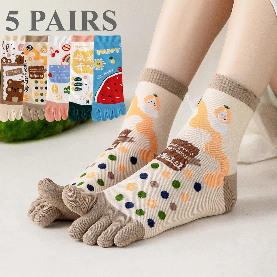 5 párov kawaii roztomilé ženské špičky so samostatnými prstami Vysoko kvalitné bavlnu Five Finger Socks Cartoon Sports členkové ponožky