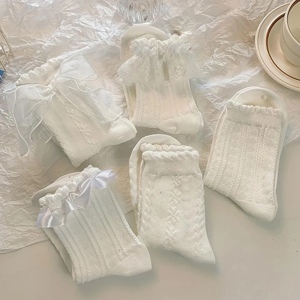 5 párov ponožky lolita biele luky čipky ponožky stredná trubica japonská vysoká škola princezná ponožky Sladké ulice Streetwear Hosiery