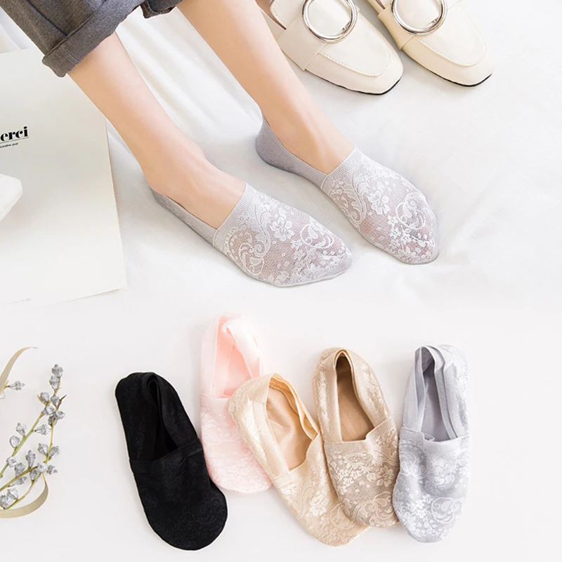 5 párov/ponožky Lot Dámske módne čipky letné neviditeľné krátke krátke no-chodidlá súpravy členku Antiskid White Boat Sock