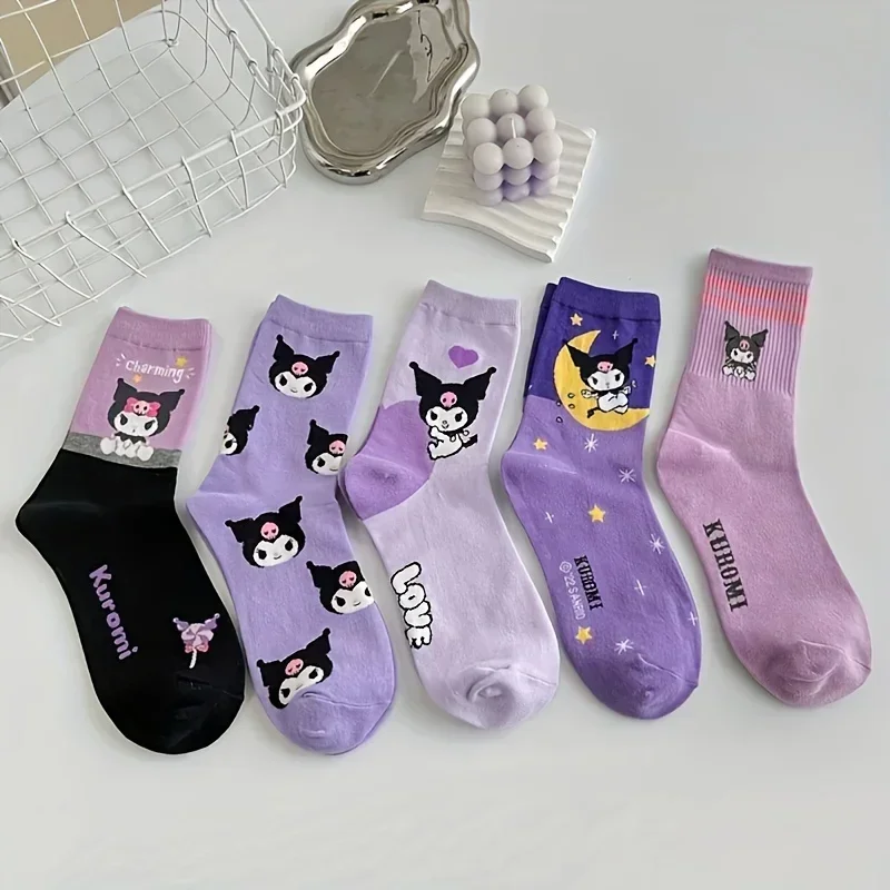 5 párov Sanrio Kuromi Purple Mid-Calf Cotton ponožky, pohodlné roztomilé posádky krátke ponožky karikatúra gilrs dámske pančuchy