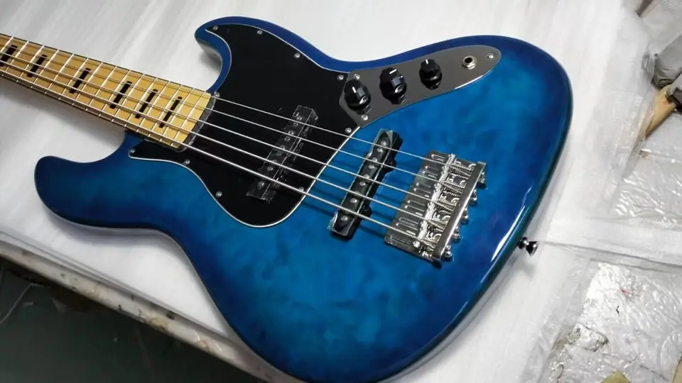 5 strún modrý elektrický jazz bass gitara javor plameň plameň javor rýchla loď