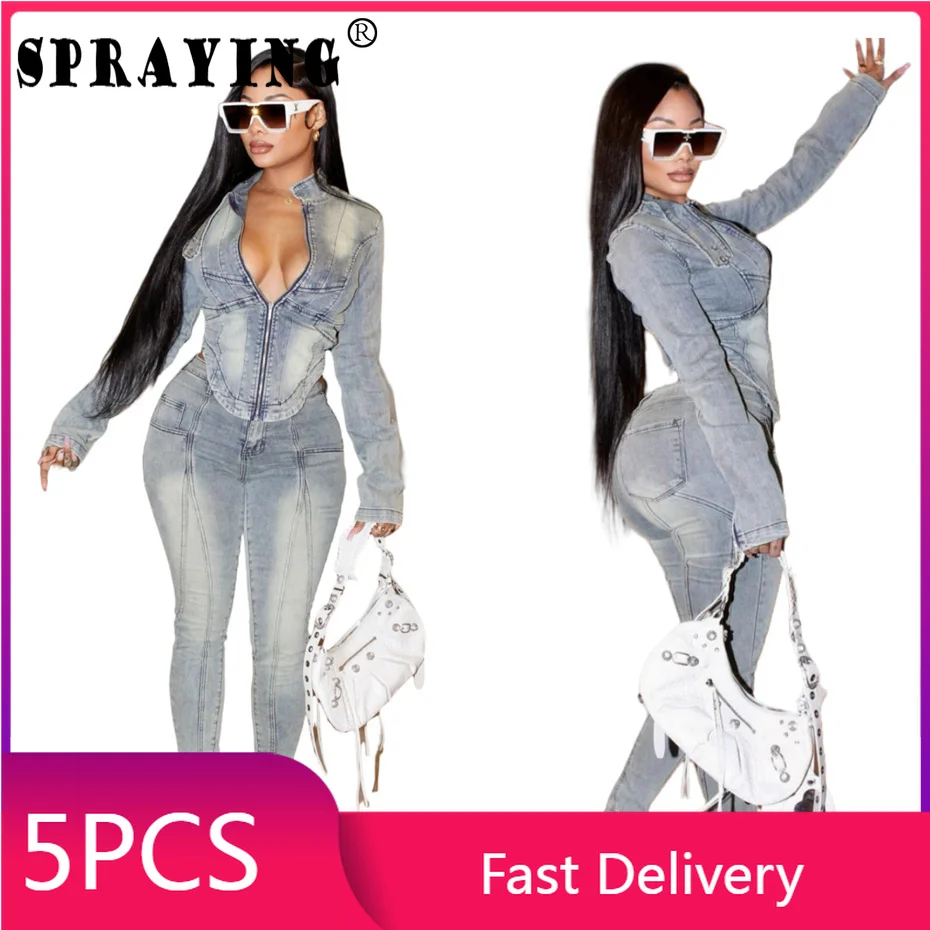 5 Tracksuits Fall Clothes Dámske 2024 módne zipsové bunda + Jean veľkoobchodné predmety v hromadnom Y2K Denim Douple Set Outfits S14379