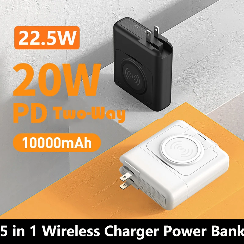 5 v 1 bezdrôtovej nabíjacej banky 10000 mAh s káblom AC Plug 22,5 W rýchle nabíjanie pre iPhone 15 Huawei Xiaomi Samsung PowerBank