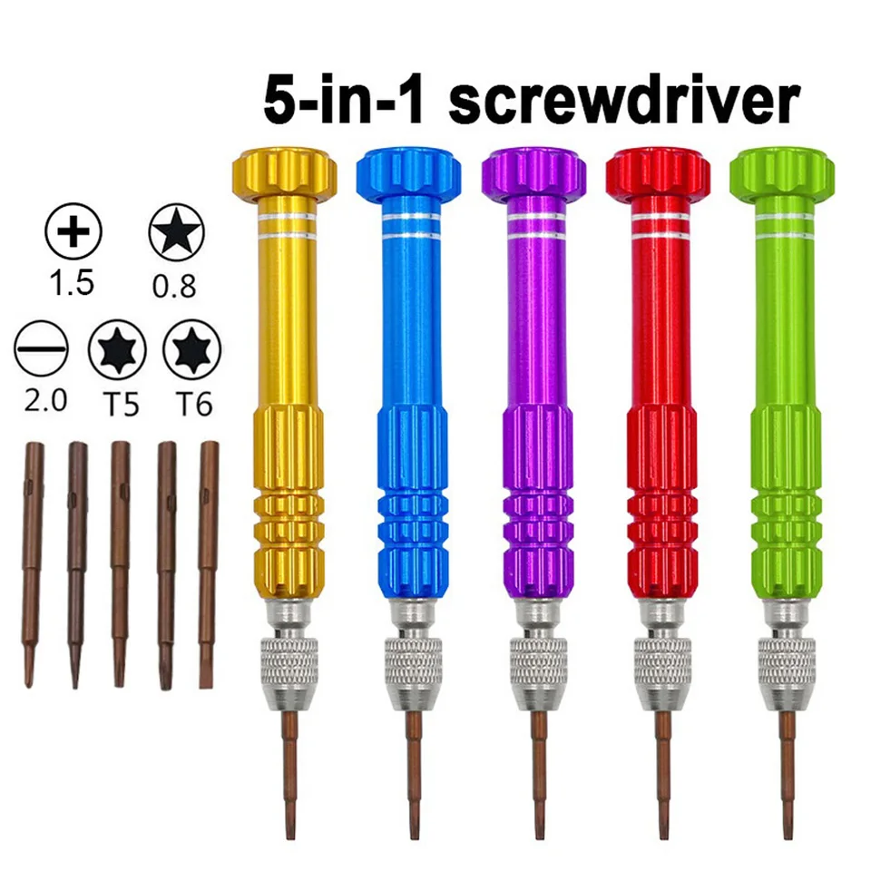 5 v 1 magnetický skrutkovač 1,5/0,8/2,0/T5/T6 Torx Torx Plochá križovatka SCREFT BITS BITS PRE TELEFÓN PC OPRAVA