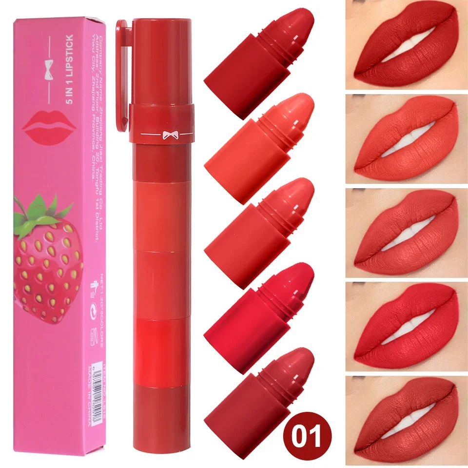 5 v 1 matná rúžová pastelka Kombinácia Combo Red Purple Lip Tint Tint Velvet Sexy Multic-Keep Lipstick Pen Neprijatý pohár trvalý makeup na pery