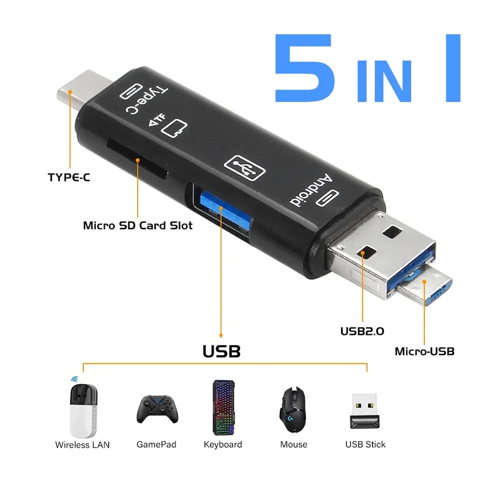 5 v 1 Multifunkčná čítačka kariet typu C Externé úložisko Čierny úsek pre pamäť Stick USB 3.0 Mini pamäťová karta čítačka kariet