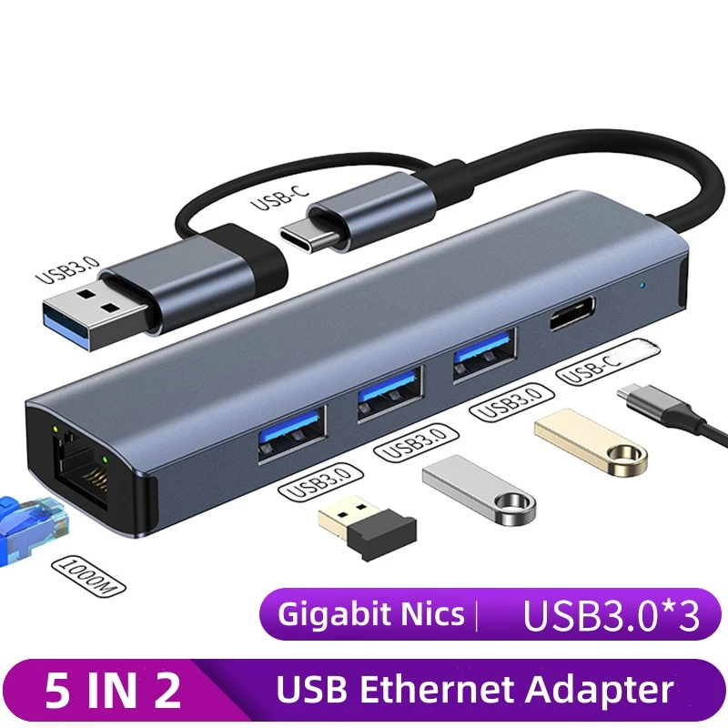 5 v 2 USB-C USB-A HUB MULUCTRORT Adaptér typ C USB 3.0 prenos údajov Gigabit Ethernet RJ45 Dokka