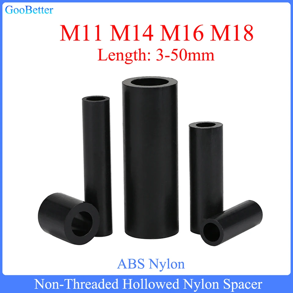 50/100 pc M11 M14 M16 M18 Black ABS Nepretiahnuté dutiny Nylon Spacer Round Dutiny Standoff Washher Dĺžka skrutky dosky = 3-50 mm