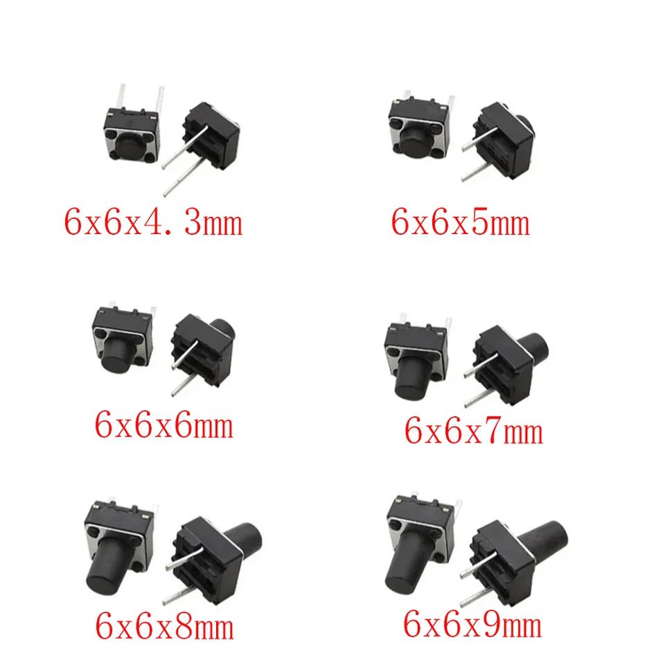 50/100ks 6x6mm hmatový spínač 4.3/5/6/7/8/9 mmm 2 PIN TACT TASK TLAČ MICRO TU0