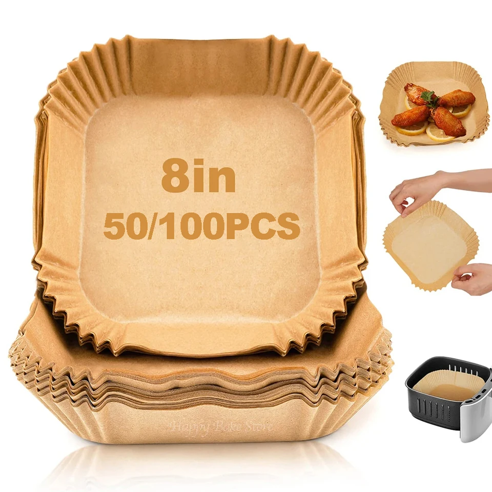 50/100ks 8 palcov štvorcových jednorazových papierových podšívok pre fritézu pre mazivo a vodný doklad nečinný kôš pergamenový papier