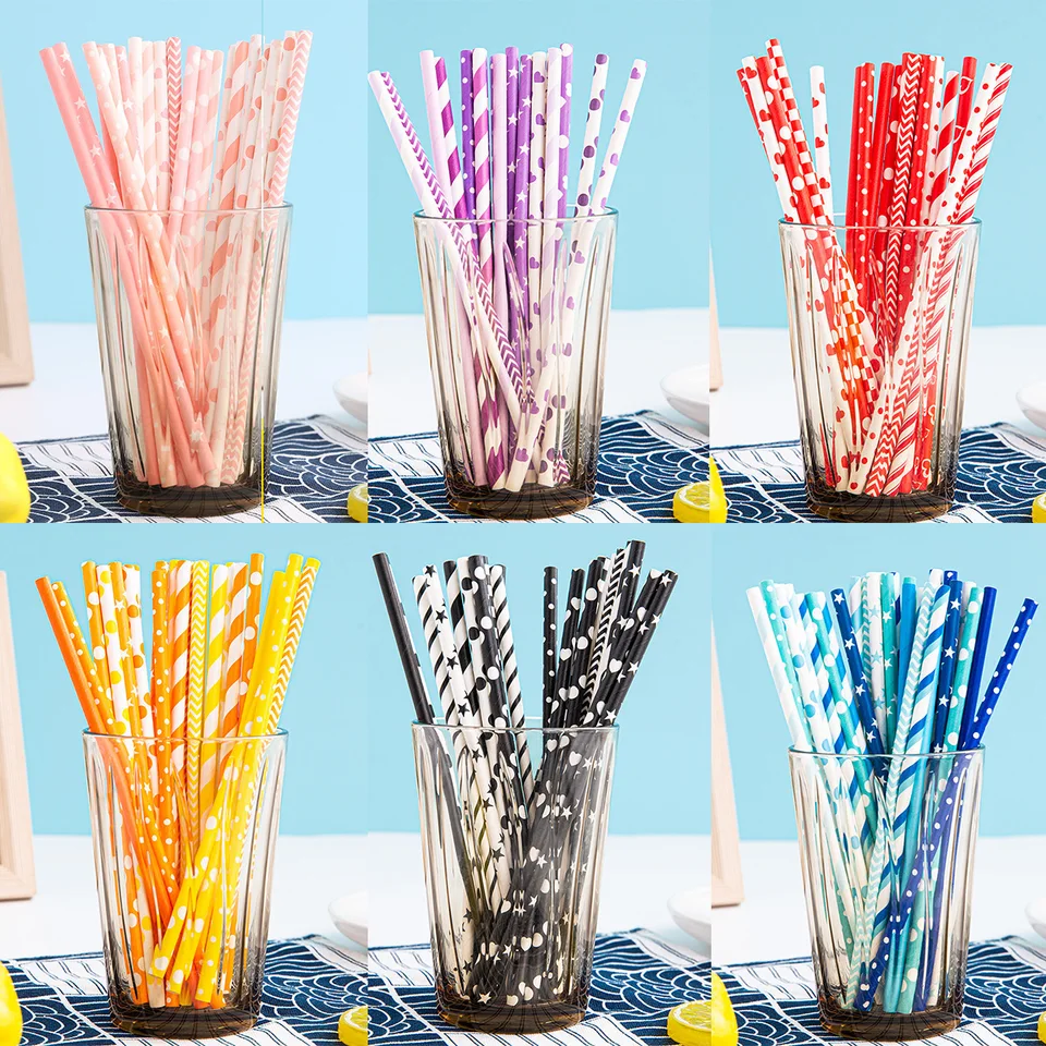 50/100ks farebný mix Stripe Polka Srdce Jednotka papierovej šťava pitie slamiek na narodeniny DECON SEDY