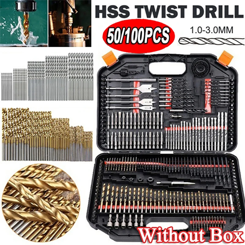 50/100ks HSS Titán potiahnuté Twist Bit Bit Set High Speed ​​Oceľ kovové vŕtacie vrtáky pre liatinové drevo vysokokvalitné elektrické náradie