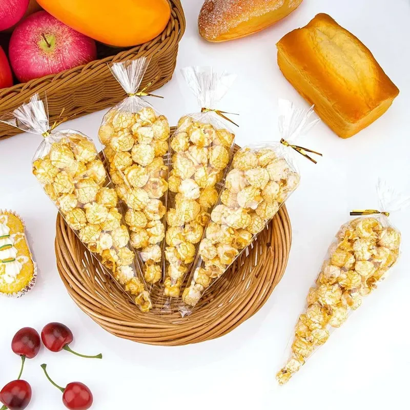50/100ks kužeľové tašky, DIY Candy Tags, Clear Cellofane vrecká so zákrutami pre dobroty, popcorn, cukrovinky, priaznivé oslavy večierkov