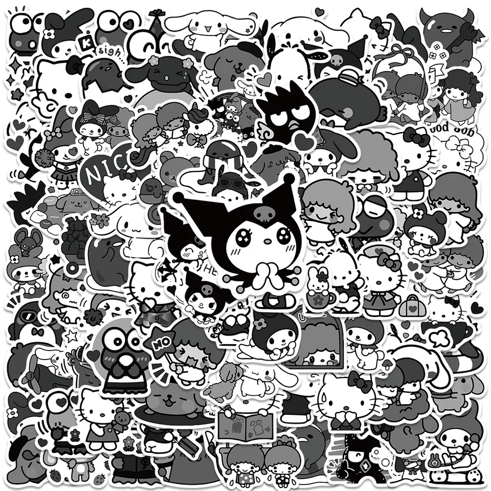 50/100ks čierne a biele Sanrio Cartoon Stickers estetické roztomilé hello mačiatko Kuromi nálepky kawaii dekorácie detské nálepky