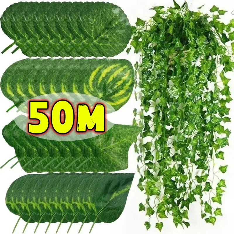 50/2 m umelý zelený brečlenný brečtan vinič vinič Falošné listy Rastliny Rattan zavesenie Creeper Garlands for Garden Svadobná strana Wall Decor Decor