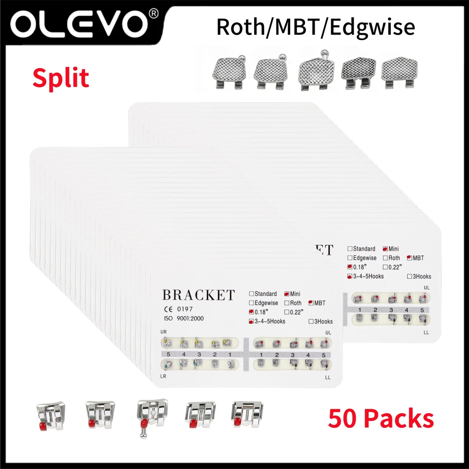 50 balíčkov Ortodontics Equaps Daysce Dental Metal Držiaky pre zuby rozdelenú sieťovú základňu Mini Roth MBT Edge 022 018 Slot 345 Háčiky