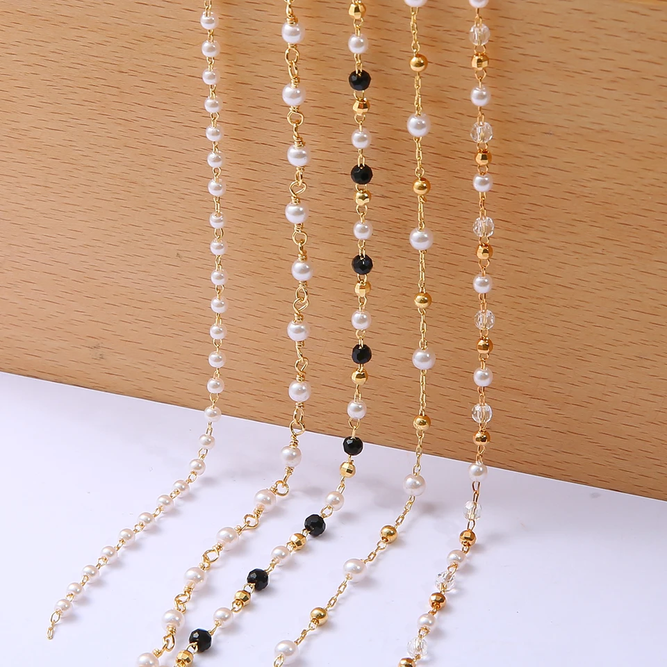 50 cm medený reťazec 18k Zlatená kovová ručne vyrábaná imitácia perla biele akrylové korálky DIY šperky výroby dám