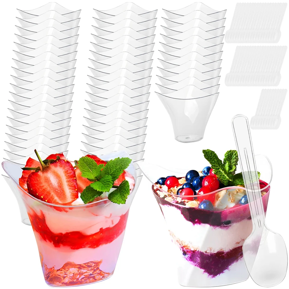 50 elegantných priehľadných mini opakovane použiteľných dezertných pohárov s lyžicami - 3,38oz/100 ml plastového parfaitského predjedla Pohári - sada 50 meďnatého