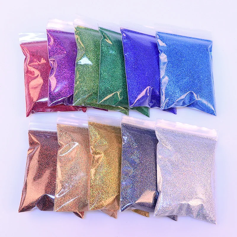 50 g/taška Holografický laserový lak na nechty Prášky Sparkly zlato strieborné nechty jemné trblietavé prachové nechty dekorácie